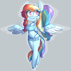 Size: 1080x1080 | Tagged: safe, artist:gummygoatgalaxy, imported from derpibooru, rainbow dash, anthro, pegasus, unguligrade anthro, alternate hairstyle, arm behind back, belly button, big breasts, breasts, busty rainbow dash, choker, clothes, eyebrows, eyebrows visible through hair, female, gray background, hot pants, mare, midriff, outline, panties, ponytail, signature, simple background, smiling, solo, spread wings, thong, underwear, white pupils, wings