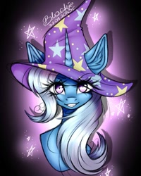 Size: 1005x1256 | Tagged: safe, artist:black__dash_, imported from derpibooru, trixie, pony, unicorn, bust, clothes, date (time), eye clipping through hair, female, hat, horn, looking at you, mare, signature, smiling, smiling at you, solo, stars, trixie's hat