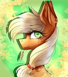 Size: 1080x1233 | Tagged: safe, artist:black__dash_, imported from derpibooru, applejack, earth pony, pony, bust, date (time), eye clipping through hair, eyebrows, eyebrows visible through hair, female, green background, looking at you, mare, shadow, signature, simple background, smiling, smiling at you, solo, straw in mouth