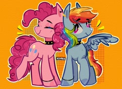 Size: 1552x1136 | Tagged: safe, artist:inzomniak, imported from derpibooru, part of a set, pinkie pie, rainbow dash, earth pony, pegasus, pony, choker, curly mane, curly tail, ear piercing, eyes closed, female, goth, happy, looking at each other, looking at someone, mare, multicolored mane, multicolored tail, orange background, piercing, purple eyes, signature, simple background, smiling, smiling at each other, spanish description, spread wings, tail, unshorn fetlocks, wings