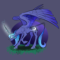 Size: 2000x2000 | Tagged: safe, artist:lafysaphy, imported from derpibooru, princess luna, alicorn, pony, abstract background, circle background, concave belly, ethereal mane, ethereal tail, female, glowing, glowing cutie mark, glowing horn, grass, high res, horn, large wings, leonine tail, long horn, magic, mare, partially open wings, s1 luna, slender, solo, tail, thin, wings