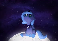 Size: 7015x4960 | Tagged: safe, artist:azilluwu, imported from derpibooru, princess luna, alicorn, pony, absurd resolution, adorable distress, crying, cute, female, filly, filly luna, floppy ears, foal, looking up, moon, sitting, solo, tangible heavenly object, woona, younger