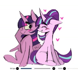 Size: 1313x1188 | Tagged: safe, artist:billtism, imported from derpibooru, starlight glimmer, twilight sparkle, alicorn, pony, unicorn, blushing, duo, eyebrows, eyebrows visible through hair, female, heart, heart eyes, horn, lesbian, mare, ponytail, s5 starlight, shipping, simple background, sitting, twilight sparkle (alicorn), twistarlight, white background, wingding eyes