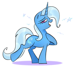 Size: 2100x1900 | Tagged: safe, artist:lafysaphy, imported from derpibooru, trixie, pony, unicorn, female, hoof on chest, horn, looking at you, mare, open mouth, open smile, side view, simple background, smiling, solo, stars, strutting, white background