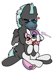 Size: 1620x2160 | Tagged: safe, artist:blossomeclipse, imported from derpibooru, sweetie belle, thunderlane, pegasus, pony, unicorn, age difference, blue blush, blushing, duo, duo male and female, female, filly, foal, foalcon, horn, hug, male, shipping, simple background, stallion, straight, sweetielane, transparent background