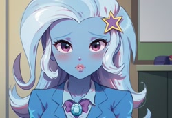 Size: 1216x832 | Tagged: safe, imported from twibooru, trixie, human, equestria girls, ai content, ai generated, anime, anime style, blushing, classroom, clothes, cute, generator:pony diffusion v6 xl, humanized, image, long hair, looking at you, needs more jpeg, prompt in description, prompter:axeleif, school uniform, schoolgirl, shy, solo, teenager