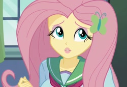 Size: 1216x832 | Tagged: safe, imported from twibooru, fluttershy, butterfly, human, insect, equestria girls, ai content, ai generated, anime, anime style, blushing, classroom, clothes, cute, generator:pony diffusion v6 xl, humanized, image, long hair, looking at you, needs more jpeg, prompt in description, prompter:axeleif, school uniform, schoolgirl, shy, solo, teenager