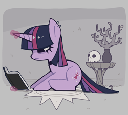 Size: 1784x1605 | Tagged: safe, artist:syrupyyy, edit, imported from ponybooru, twilight sparkle, pony, unicorn, bags under eyes, book, choker, chokertwi, ear piercing, earring, female, glowing, glowing horn, goth, gray background, horn, human skull, jewelry, magic, makeup, mare, piercing, plant, ponybooru exclusive, potted plant, reading, simple background, sitting, skull, solo, table, telekinesis, unicorn twilight