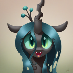 Size: 1024x1024 | Tagged: safe, imported from twibooru, queen chrysalis, changeling, changeling queen, ai content, ai generated, bust, female, generator:pony diffusion v6 xl, generator:stable diffusion, happy, image, looking at you, open mouth, png, portrait, prompter:airus, smiling, solo