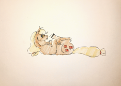 Size: 2102x1496 | Tagged: safe, artist:midnightmoon1986, imported from derpibooru, applejack, earth pony, pony, female, leg grab, lying down, mare, on back, solo, stretching, tail, traditional art, unshorn fetlocks
