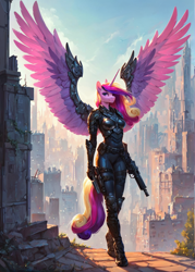 Size: 1000x1400 | Tagged: safe, imported from derpibooru, princess cadance, alicorn, anthro, ai content, ai generated, armor, breasts, busty princess cadance, city, cyberpunk, fantasy, female, generator:pony diffusion v6 xl, generator:stable diffusion, prompter:star-dragon, science fiction, solo, spread wings, weapon, wings