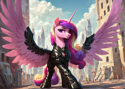 Size: 1400x1000 | Tagged: safe, imported from derpibooru, princess cadance, alicorn, pony, ai content, ai generated, armor, city, cyberpunk, fantasy, female, generator:pony diffusion v6 xl, generator:stable diffusion, large wings, prompter:star-dragon, science fiction, solo, spread wings, wings