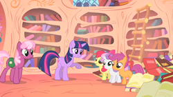 Size: 1280x720 | Tagged: safe, imported from derpibooru, screencap, apple bloom, cheerilee, scootaloo, sweetie belle, twilight sparkle, earth pony, pony, unicorn, the show stoppers, animation error, bag, coloring error, cutie mark crusaders, earth pony scootaloo, error, female, golden oaks library, horn, looking at each other, looking at someone, open mouth, open smile, race swap, raised hoof, smiling, smiling at each other, walking, wingless, wrong eye color