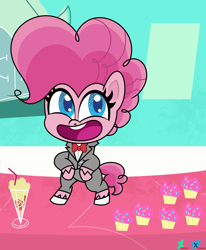 Size: 6600x8010 | Tagged: safe, artist:kuren247, imported from derpibooru, pinkie pie, earth pony, pony, big smile, bipedal, clothes, costume, crossover, cupcake, dancing, drink, fanart, food, looking away, milkshake, parody, pee-wee herman, shoes, show accurate, solo, sugarcube corner, suit