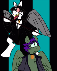 Size: 2395x3000 | Tagged: safe, artist:lordzardozz, imported from derpibooru, oc, oc only, oc:mars, oc:sirius, pegasus, pony, amputee, artificial wings, augmented, bipedal, choker, clothes, duo, eyepatch, fangs, jacket, open mouth, open smile, pegasus oc, prosthetic limb, prosthetic wing, prosthetics, red sclera, smiling, tongue out, wings