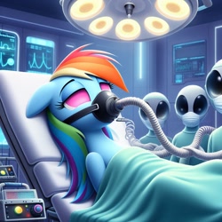 Size: 1024x1024 | Tagged: safe, imported from derpibooru, rainbow dash, alien, pony, ai content, ai generated, anesthesia, anesthesia mask, black anesthesia mask, clothes, generator:bing image creator, generator:dall-e 3, laboratory, prompter:sonicstreak5344, science fiction, scrubs (gear), surgeon