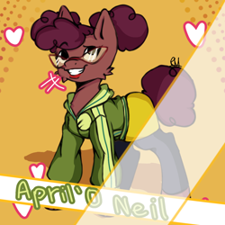 Size: 1280x1280 | Tagged: safe, artist:dummymelon, imported from derpibooru, earth pony, pony, african american, april o'neil, clothes, crossover, emanata, female, heart, ponified, rise of the teenage mutant ninja turtles, smiling, teenage mutant ninja turtles