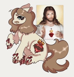 Size: 1519x1565 | Tagged: safe, artist:origamijuni, imported from derpibooru, earth pony, pony, beard, bleeding, blood, blue eyes, brown mane, catholicism, chest fluff, christianity, colored hooves, elbow fluff, facial hair, floppy ears, hair over one eye, hoof polish, implied crucifiction, injured, jesus christ, lashes, lashes on male, leg fluff, long mane male, one eye covered, ponified, raised hoof, sitting, white coat