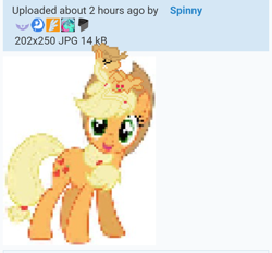 Size: 720x668 | Tagged: artist needed, source needed, safe, edit, imported from derpibooru, applejack, earth pony, pony, derpibooru, applejack's hat, april fools 2024, cowboy hat, desktop ponies, hat, meta, pixel art, sprite, stetson