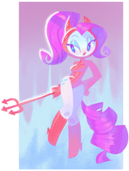 Size: 1012x1348 | Tagged: safe, artist:shugrcube, imported from derpibooru, rarity, human, 2022, alternate hairstyle, boots, breasts, clothes, costume, cutie mark on human, devil costume, devil horns, female, halloween, halloween costume, hand on hip, holiday, horns, humanized, leotard, pitchfork, pony coloring, shoes, solo, tail, tailed humanization