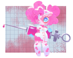 Size: 1261x1009 | Tagged: safe, artist:shugrcube, imported from derpibooru, pinkie pie, anthro, earth pony, 2022, bandage, clothes, giant syringe, halloween, hat, holiday, looking at you, nurse, nurse hat, nurse outfit, socks, solo, stockings, syringe, thigh highs