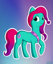 Size: 2480x2953 | Tagged: safe, artist:lurfy, imported from derpibooru, earth pony, pony, 2024, female, g5, gradient background, jazz hooves, mare, raised hoof, signature, smiling, solo, tail