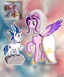 Size: 2480x2953 | Tagged: safe, artist:lurfy, imported from derpibooru, princess cadance, shining armor, alicorn, pony, unicorn, 2024, alternate hairstyle, blushing, bowtie, clothes, dress, duo, duo male and female, female, height difference, hoof shoes, horn, looking down, looking up, male, mare, meme, messy mane, open mouth, open smile, photo reference, princess shoes, raised hoof, rock, shiningcadance, shipping, signature, smiling, spread wings, stallion, straight, tail, the bride and the ugly ass groom, toy, toy interpretation, unshorn fetlocks, veil, wedding dress, wedding veil, wings