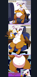 Size: 772x1597 | Tagged: safe, artist:rupert, edit, imported from derpibooru, gilda, griffon, derpibooru, series:ask white belly gilda, ai assisted, ai content, ai generated, april fools, april fools 2024, ask, belly, belly button, big belly, chair, chubby, cute, desktop ponies, dialogue, fat, featureless crotch, female, food, generator:pony diffusion v6 xl, generator:stable diffusion, gildadorable, gildough, heart, implied manehattan, lidded eyes, meta, morbidly obese, obese, onomatopoeia, pale belly, pixel art, plump, prompter:rupert, sitting, solo, sprite, stomach noise, tumblr, white belly