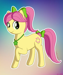 Size: 2480x2953 | Tagged: safe, artist:lurfy, imported from derpibooru, earth pony, pony, 2024, bow, female, g5, gradient background, hair bow, jewelry, mare, necklace, posey bloom, raised hoof, smiling, solo, tail, tail bow