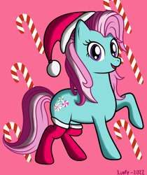 Size: 2480x2953 | Tagged: safe, artist:lurfy, imported from derpibooru, minty, earth pony, pony, 2022, candy, candy cane, christmas, clothes, female, food, g3, g3 to g4, generation leap, hat, holiday, looking at you, mare, open mouth, santa hat, signature, socks, solo, tail, that pony sure does love socks