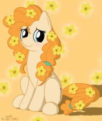 Size: 2480x2953 | Tagged: safe, artist:lurfy, imported from derpibooru, pear butter, earth pony, pony, 2023, blushing, cute, female, flower, flower background, flower in hair, flower in tail, looking at you, mare, pearabetes, signature, sitting, smiling, tail