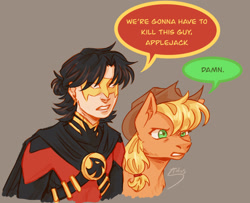 Size: 1905x1548 | Tagged: safe, artist:stolos, imported from derpibooru, applejack, earth pony, human, applejack's hat, cowboy hat, crossover, dc comics, dialogue, female, hat, i think we're gonna have to kill this guy, male, meme, red robin, simple background, superhero, tim drake, unamused