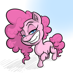 Size: 720x720 | Tagged: safe, artist:lurking-e, imported from derpibooru, pinkie pie, earth pony, pony, female, gradient background, grin, lidded eyes, looking at you, mare, raised hoof, smiling, smiling at you, solo, tail