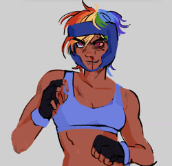 Size: 1348x1301 | Tagged: safe, artist:eeriezoundzz, imported from derpibooru, part of a set, rainbow dash, human, equestria girls, blood, clothes, eyebrow piercing, female, fighting stance, fit, gray background, headgear, humanized, lip piercing, martial arts, nosebleed, piercing, raised fist, simple background, slender, solo, sparring, sports bra, sports outfit, tanned, thin, toned, toned female