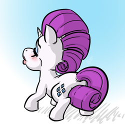 Size: 720x720 | Tagged: safe, artist:lurking-e, imported from derpibooru, rarity, pony, unicorn, 2024, blushing, eyes closed, female, gradient background, horn, mare, rear view, signature, solo, tail