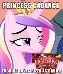 Size: 508x600 | Tagged: safe, edit, edited screencap, imported from derpibooru, screencap, princess cadance, caption, digiorno, food, image macro, meme, pizza, pizza box, text, vulgar