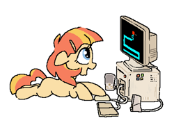 Size: 970x686 | Tagged: safe, artist:myra, imported from derpibooru, oc, oc only, oc:aimless, earth pony, pony, cables, computer, computer mouse, computer screen, earth pony oc, escii keyboard, female, filly, foal, happy, looking sideways, lying down, microsoft, microsoft windows, old computer, on floor, prone, scary maze game, simple background, smiling, solo, speaker, this will end in tears, white background