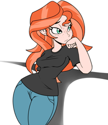 Size: 1039x1200 | Tagged: safe, anonymous editor, artist:reiduran, edit, edited edit, imported from derpibooru, sunset shimmer, human, equestria girls, black shirt, breasts, busty sunset shimmer, clothes, clothes edit, curvy, denim, edit of an edit of an edit, female, freckles, ginger, ginger edit, hourglass figure, human coloration, jeans, lidded eyes, natural hair color, pants, peppered bacon, redhead, simple background, solo, sunset ginger, white background, wide hips