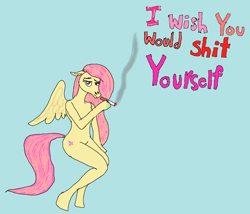 Size: 1280x1098 | Tagged: safe, artist:paper-piper, imported from derpibooru, fluttershy, pegasus, pony, semi-anthro, cigarette, female, frown, light blue background, looking at you, mare, simple background, smoke, spread wings, tail, vulgar, wings