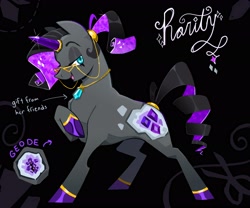 Size: 3000x2500 | Tagged: safe, artist:cracklewink, imported from derpibooru, part of a set, rarity, pony, unicorn, abstract background, alternate color palette, alternate cutie mark, alternate design, alternate hairstyle, alternate mane color, alternate tail color, bangles, blue eyes, colored hooves, colored horn, concave belly, crystal horn, eyelashes, eyeshadow, female, geode, glasses, glasses chain, gray coat, high res, hoof on chest, horn, horn ring, jewelry, lidded eyes, looking back, makeup, mare, necklace, open mouth, open smile, ponytail, profile, raised hoof, redesign, ring, ringlets, shiny hooves, shiny mane, shiny tail, smiling, solo, sparkly eyes, sparkly mane, sparkly tail, standing, tail, text, tied mane, two toned mane, two toned tail, white text, wide stance, wingding eyes