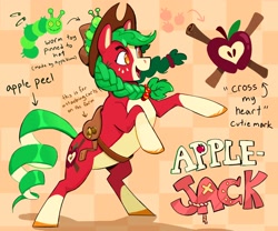 Size: 3000x2500 | Tagged: safe, artist:cracklewink, imported from derpibooru, part of a set, applejack, earth pony, pony, alternate color palette, alternate cutie mark, alternate eye color, alternate hair color, alternate tail color, alternate tailstyle, applejack's hat, blaze (coat marking), braid, braided pigtails, checkered background, coat markings, colored belly, colored hooves, colored muzzle, colored pinnae, cowboy hat, curly tail, eyelashes, facial markings, female, freckles, green mane, hat, high res, mare, open mouth, open smile, pale belly, patterned background, pigtails, plushie, rearing, red coat, saddle, shadow, smiling, socks (coat markings), solo, tack, tail, text, tied mane, two toned mane, unshorn fetlocks, wall of tags, wingding eyes, yellow eyes