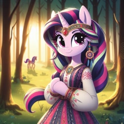 Size: 1024x1024 | Tagged: prompter needed, safe, imported from derpibooru, starlight glimmer, ai content, ai generated, cyrillic, forest, nature, russian, slavic, solo, tree