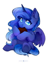 Size: 3165x4096 | Tagged: safe, artist:serenity, imported from derpibooru, princess luna, alicorn, pony, cheek fluff, chibi, constellation, constellation hair, cute, cuteness overload, ear fluff, eating, ethereal mane, female, fluffy, hoof fluff, hoof hold, horn, leg fluff, looking at you, lunabetes, mare, moonpie, munching, nom, partially open wings, simple background, solo, sparkles, starry mane, starry tail, tail, underhoof, white background, wings