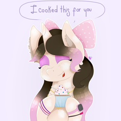 Size: 2000x2000 | Tagged: safe, artist:kathepart, imported from derpibooru, oc, oc only, oc:kinna-ca, unicorn, ^^, bow, bracelet, collar, cupcake, dialogue, ear fluff, eyes closed, eyeshadow, female, food, hair bow, hair bun, happy, horn, jewelry, looking at you, makeup, mare, necklace, simple background, smiling, smiling at you, solo, text
