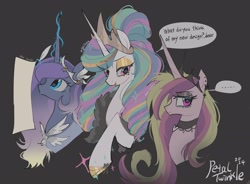 Size: 2048x1504 | Tagged: safe, artist:petaltwinkle, imported from derpibooru, princess cadance, princess celestia, princess luna, alicorn, pony, ..., alicorn triarchy, alternate color palette, alternate design, alternate hair color, alternate hairstyle, bags under eyes, blue coat, blue eyes, bust, cadance is not amused, choker, cross earring, crown, curly mane, dialogue, ear piercing, earring, emo, ethereal mane, eye clipping through hair, eyebrows, eyebrows visible through hair, eyeshadow, feather boa, female, floating eyebrows, frown, glowing, glowing horn, gradient mane, gray background, hair bun, headpiece, heart choker, height difference, hoof shoes, horn, jewelry, lidded eyes, lipstick, long eyelashes, long horn, long mane, looking at someone, looking back, looking up, magic, makeup, mare, messy mane, multicolored mane, open mouth, open smile, paper, piercing, pink coat, pink eyes, princess shoes, profile, quill pen, raised eyebrow, raised hoof, regalia, ringlets, role reversal, signature, simple background, smiling, sparkles, speech bubble, talking, telekinesis, thick horn, tiara, tied mane, trio, trio female, unamused, unicorn horn, wall of tags, white coat, wingding eyes, writing