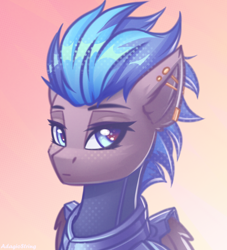 Size: 2000x2200 | Tagged: safe, artist:adagiostring, imported from derpibooru, oc, oc only, pegasus, pony, fallout equestria, abstract background, armor, bust, commission, ear piercing, enclave, enclave armor, fanfic art, female, female oc, gradient background, headshot commission, looking at you, pegasus oc, piercing, portrait, solo, wings