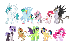 Size: 900x600 | Tagged: safe, artist:kraytt-05, imported from derpibooru, oc, oc only, oc:ania, oc:bitter zest, oc:blaze warm, oc:bubble gum, oc:cotton foam, oc:fervent flame, oc:light sword, oc:onus, oc:philadelfia, oc:zero fire, alicorn, classical unicorn, dracony, dragon, hippogriff, hybrid, kirin, pony, unicorn, alicorn oc, bandage, bandaged leg, black sclera, bow, cloven hooves, deviantart watermark, female, freckles, horn, interspecies offspring, kirin oc, leonine tail, magical lesbian spawn, male, mare, next generation, obtrusive watermark, offspring, parent:double diamond, parent:dumbbell, parent:flash sentry, parent:gilda, parent:lord tirek, parent:oc:fluffle puff, parent:pinkie pie, parent:pokey pierce, parent:princess cadance, parent:princess celestia, parent:queen chrysalis, parent:rainbow dash, parent:rarity, parent:shining armor, parent:soarin', parent:spike, parent:sunset shimmer, parent:twilight sparkle, parents:canon x oc, parents:celestirek, parents:chrysipuff, parents:doublesunset, parents:flashlight, parents:gildabell, parents:pokeypie, parents:shiningcadance, parents:soarindash, parents:sparity, simple background, spread wings, stallion, tail, tail bow, transparent background, unshorn fetlocks, watermark, wings