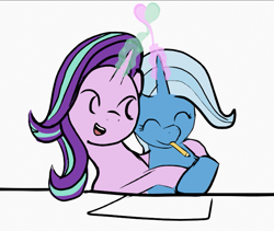 Size: 729x615 | Tagged: safe, artist:rivershine, imported from derpibooru, starlight glimmer, trixie, pony, female, heart, hug, lesbian, love, love magic, magic, mouth hold, pencil, shipping, simple background, startrix, transgender, white background