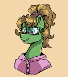 Size: 1543x1753 | Tagged: safe, artist:smirk, imported from derpibooru, oc, oc only, oc:mayfly, pony, braces, female, glasses, messy mane, orange background, ponytail, simple background, smiling, solo