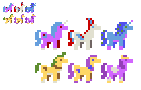 Size: 206x132 | Tagged: safe, artist:derpyfast, imported from derpibooru, hitch trailblazer, izzy moonbow, pipp petals, sunny starscout, zipp storm, earth pony, pegasus, pony, unicorn, g5, horn, limited palette, misty brightdawn, pixel art, simple background, transparent background